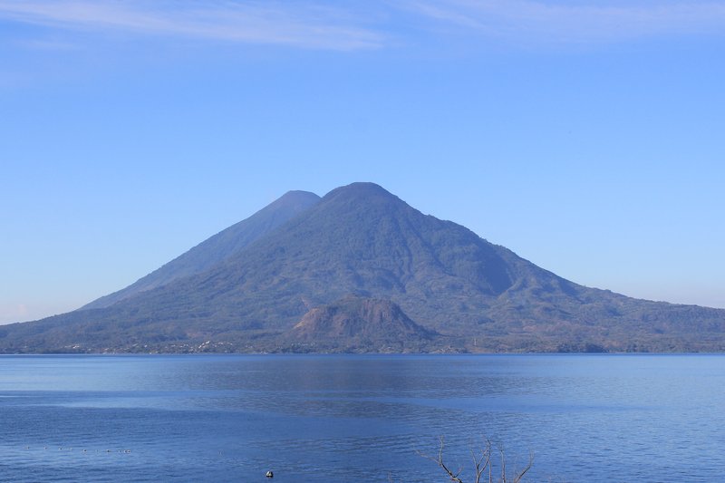 Lake Atitlán with Volcán Tolimán and Volcán Atitlán rising from the shore, Guatemala