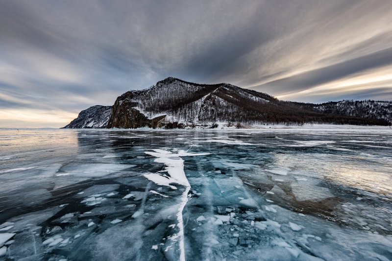 Lake Baikal's clear winter ice in southern Siberia, Russia