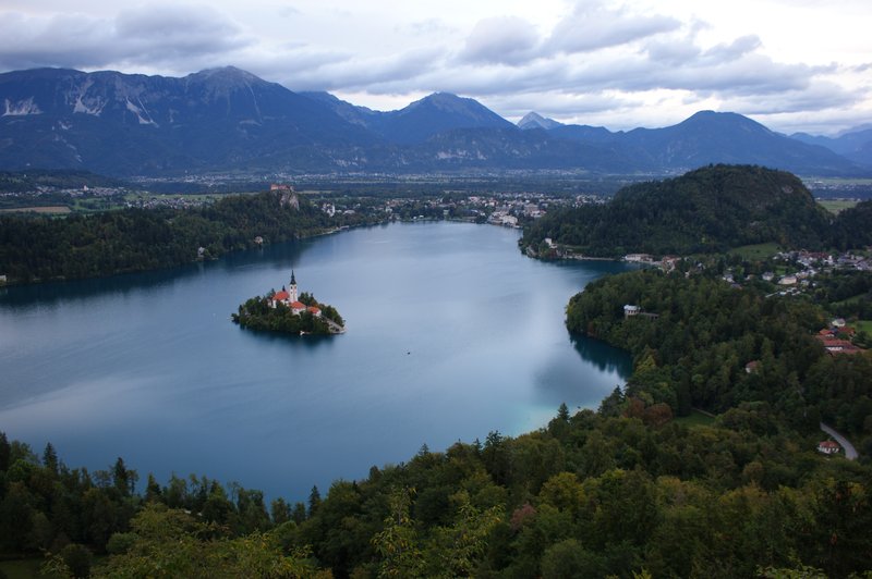 Lake Bled with its island church and cliff-top castle, seen from the Mala Osojnica viewpoint