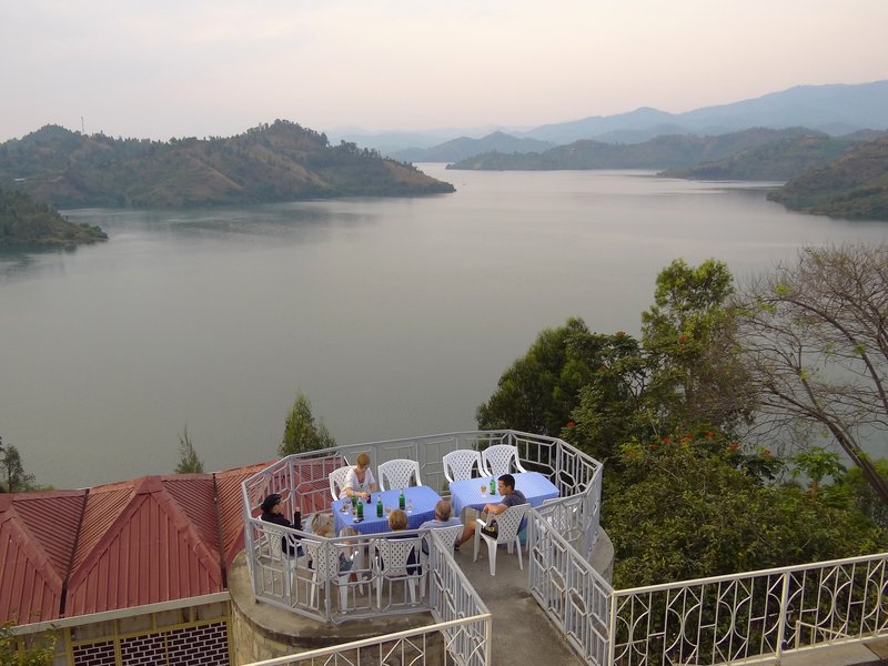 Lake Kivu ringed by terraced hills, on the border of Rwanda and the Democratic Republic of Congo