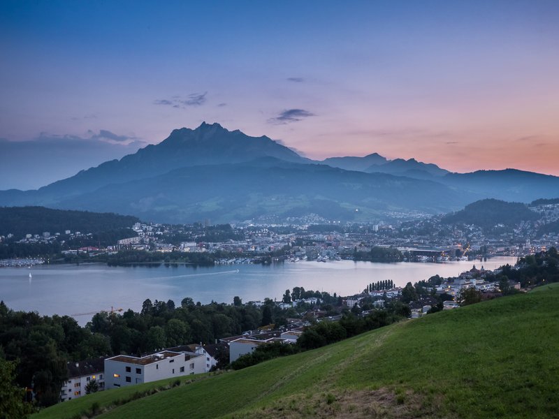 Lake Lucerne with Mount Pilatus rising above the water, Switzerland