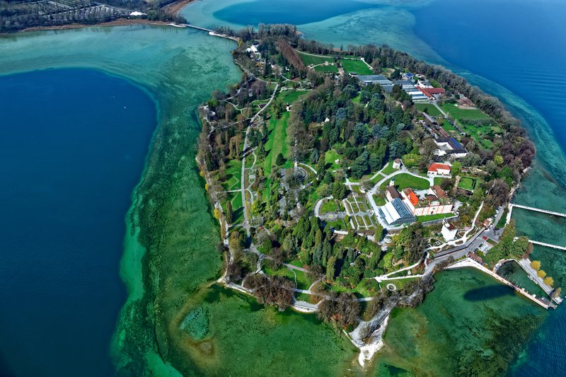 Aerial view of the flowery island of Mainau on Lake Constance