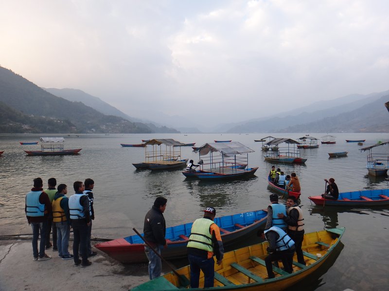 Phewa Lake with the Annapurna range reflected on the water, near Pokhara, Nepal
