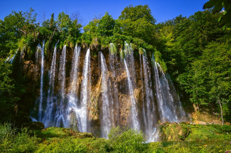 Terraced waterfalls and turquoise pools at Plitvice Lakes National Park