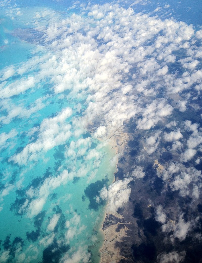 Aerial view of Andros Island and its turquoise shallow flats, Bahamas