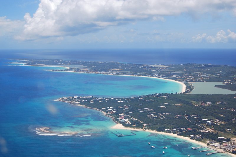 Aerial view of the western coastline and turquoise Caribbean sea, Anguilla