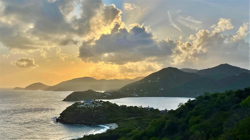 Aerial view of the southern coast of Antigua at sunset