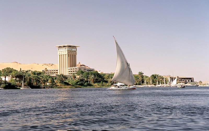 Felucca on the Nile with Elephantine Island, Aswan, Egypt