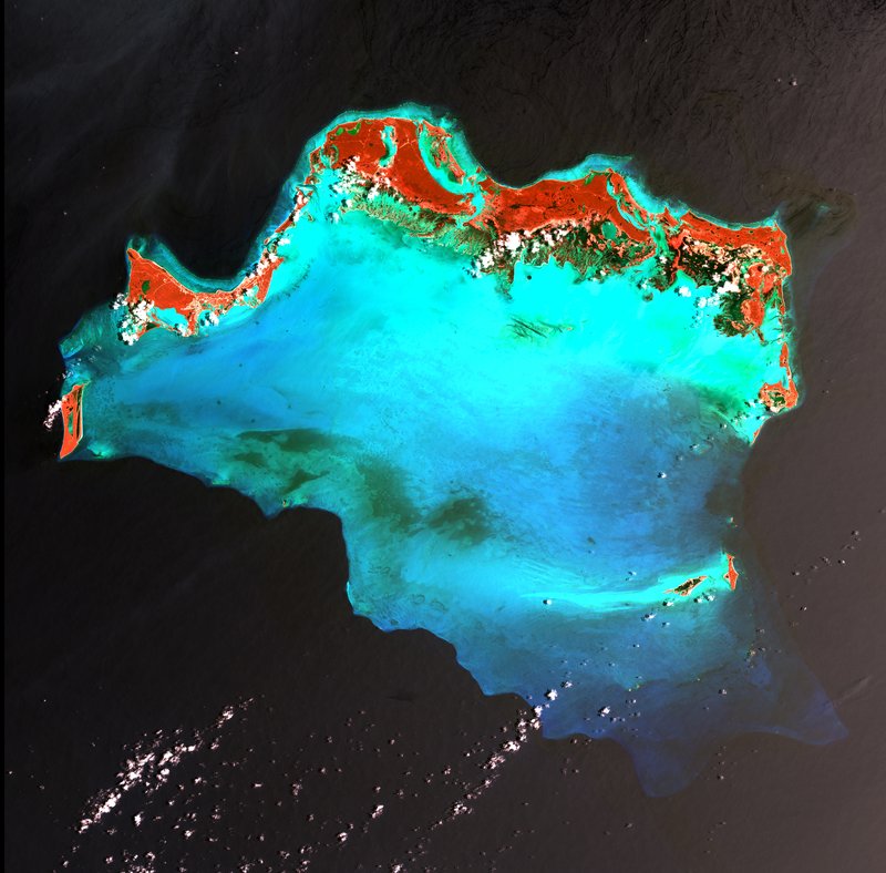 Aerial view of the shallow turquoise Caicos Bank, Turks and Caicos