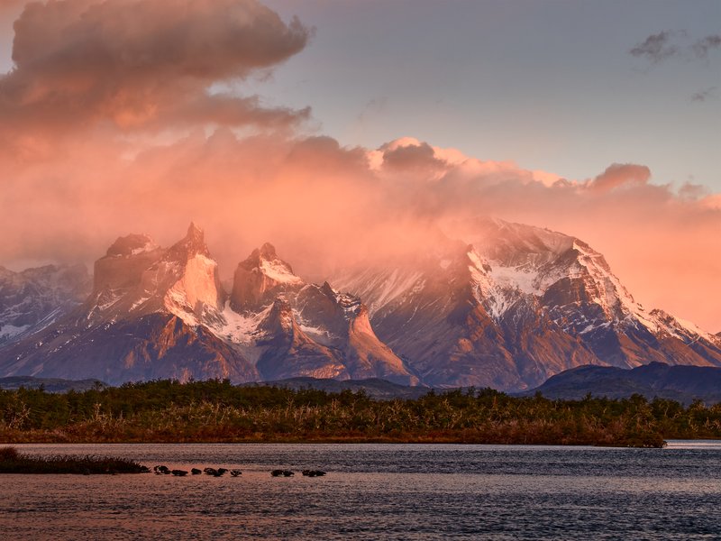 Cuernos del Paine reflected in Lake Pehoé, Torres del Paine National Park, Chile