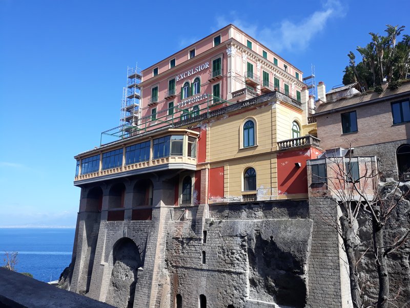 The Grand Hotel Excelsior Vittoria on the cliff above Sorrento, seen from the marina