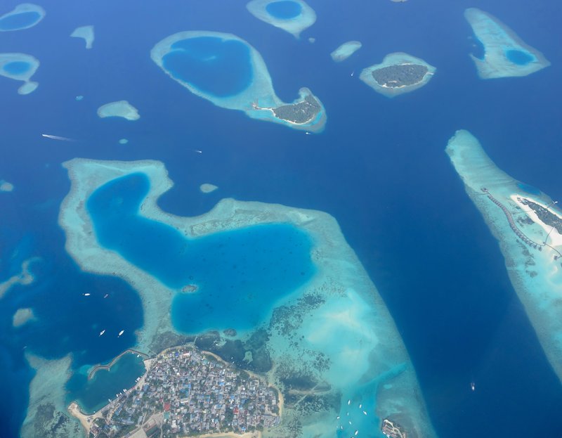 Aerial view of a Maldives island and lagoon