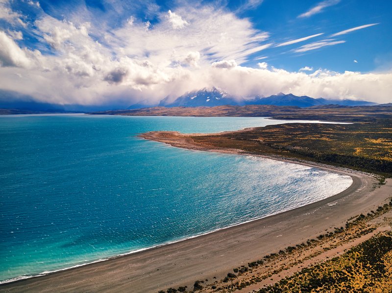 Lago Sarmiento, the mineral-rich turquoise lake at the southern edge of Torres del Paine National Park, Patagonia, Chile