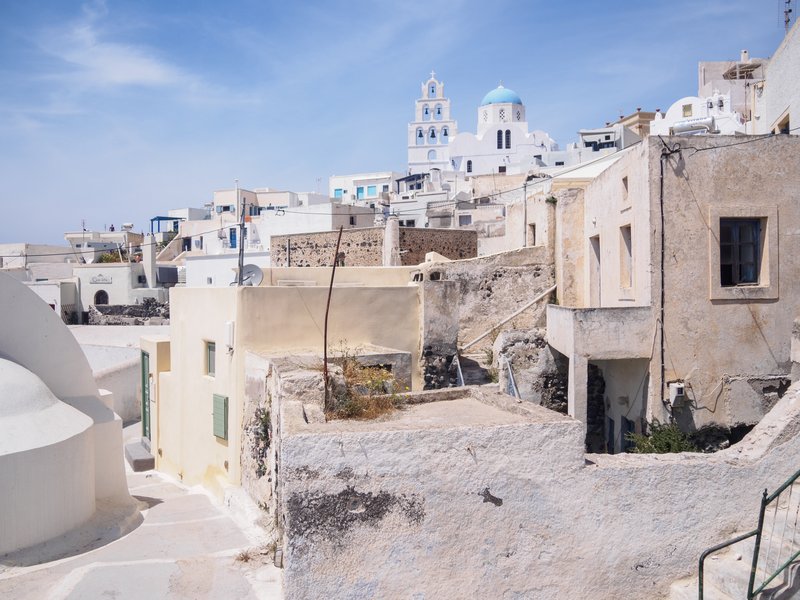 Pyrgos Kallistis, the fortified hilltop medieval village at the highest point of Santorini, Cyclades, Greece