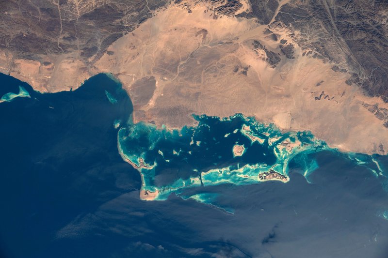Aerial view of the northwestern Saudi Arabia coastline and islands on the Red Sea