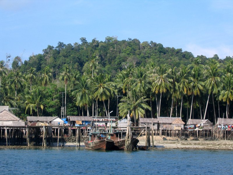 Traditional stilt houses over the sea on Cempa Island, Riau Archipelago, Indonesia