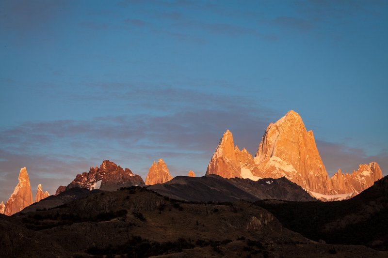 Fitz Roy granite spire at sunrise, seen from El Chaltén