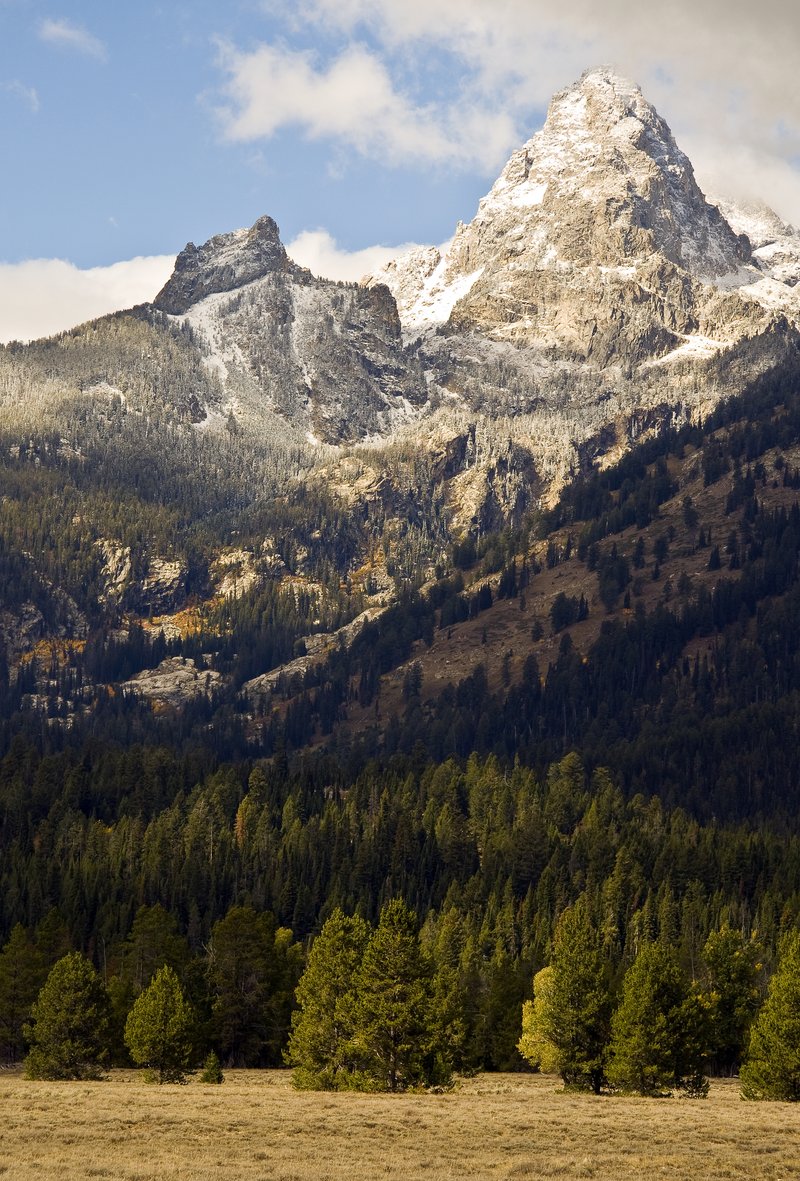 Grand Teton rising abruptly above the valley floor in Wyoming