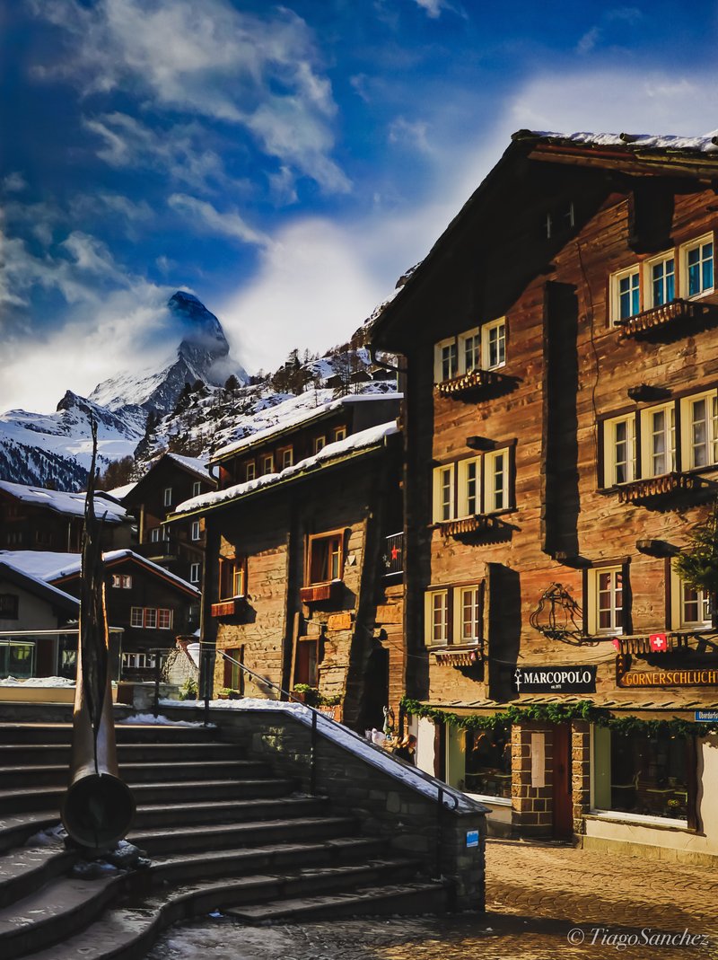 The Matterhorn peak rising above Zermatt village