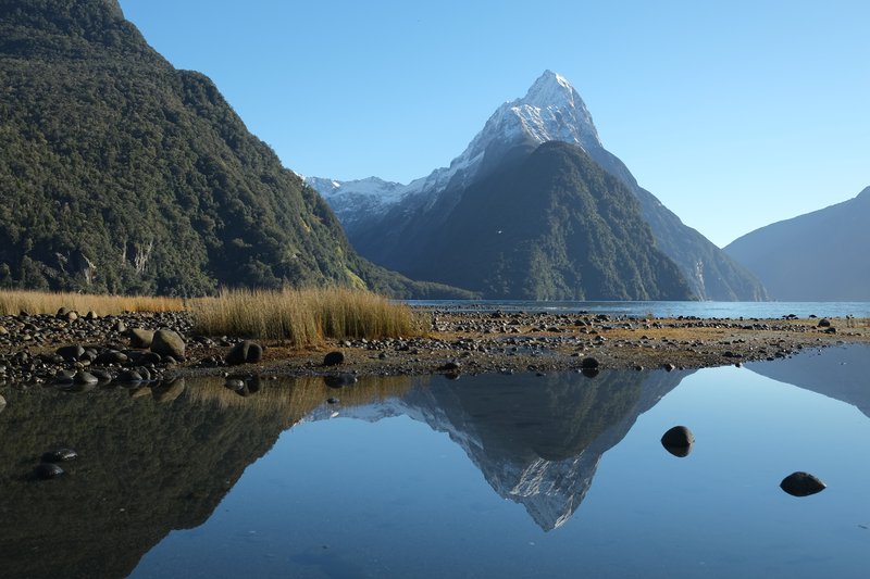 Mitre Peak rising above Milford Sound, Fiordland