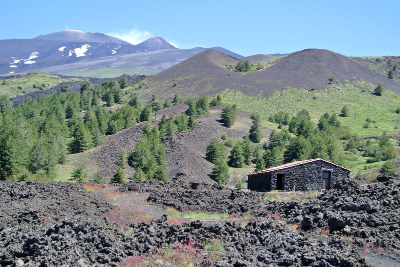 Snow-capped summit of Mount Etna rising above the Sicilian countryside