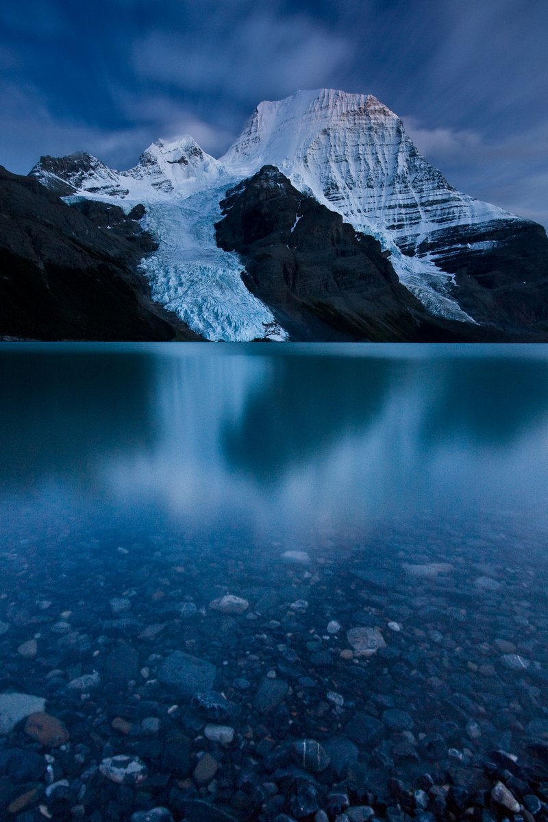 Mount Robson, highest peak in the Canadian Rockies, at twilight