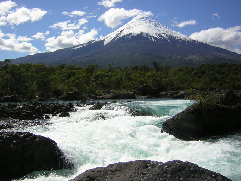 Snow-capped cone of Osorno Volcano above Lake Llanquihue