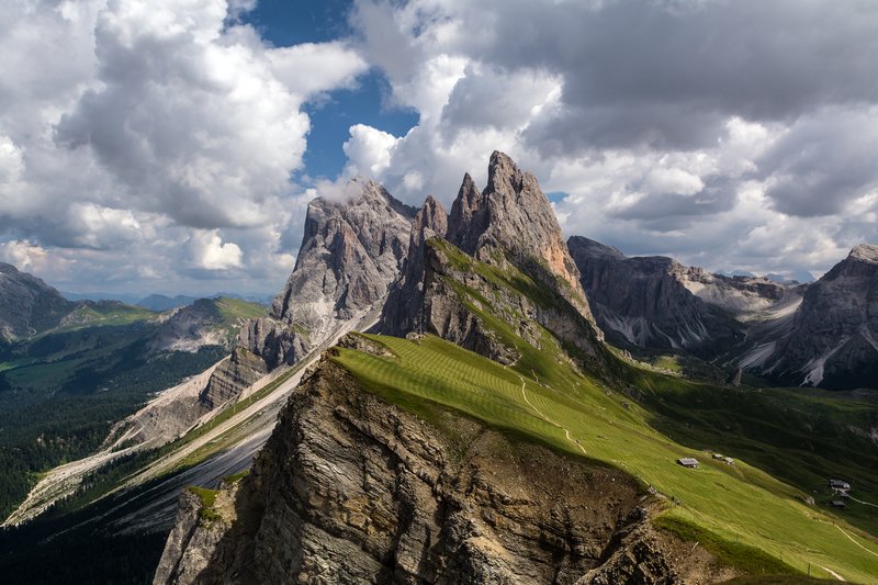 Sawtooth ridgeline of the Odle peaks above Seceda in the Dolomites