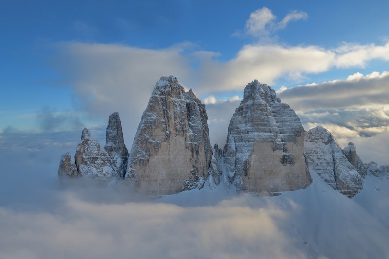 The three rock towers of Tre Cime di Lavaredo in the Sexten Dolomites