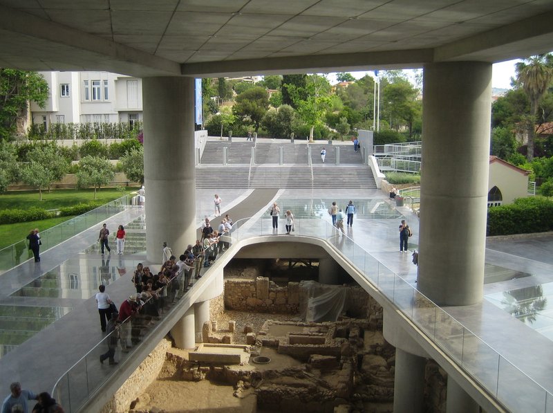 Acropolis Museum glass walkway over excavated ruins, Athens