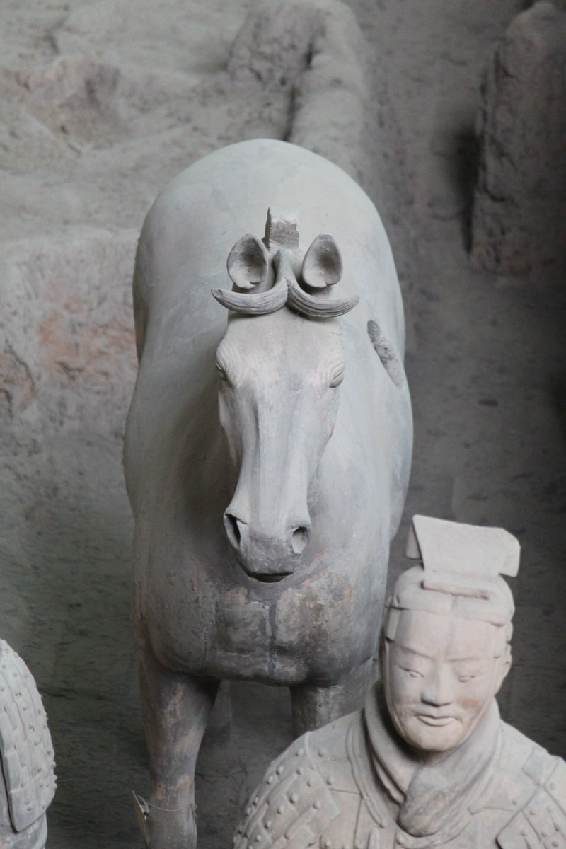 Rows of terracotta warriors in the excavation pit near Xi'an