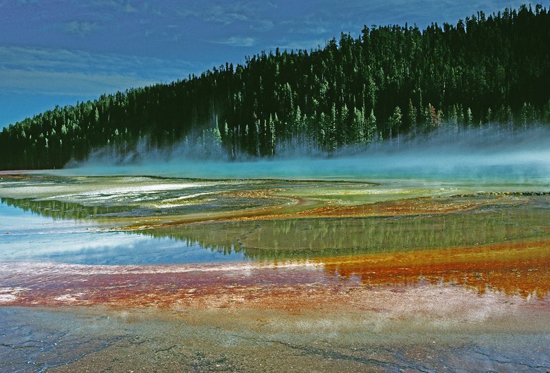 Grand Prismatic Spring's rainbow-colored hot spring terraces