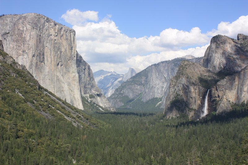 El Capitan, Half Dome, and Bridalveil Fall in Yosemite Valley, seen from Tunnel View