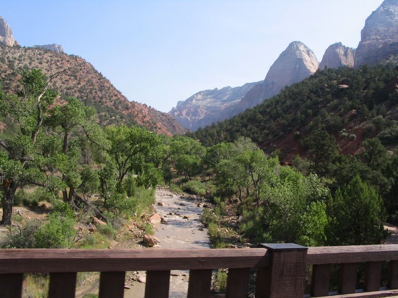 The Virgin River winding through Zion Canyon's red sandstone walls