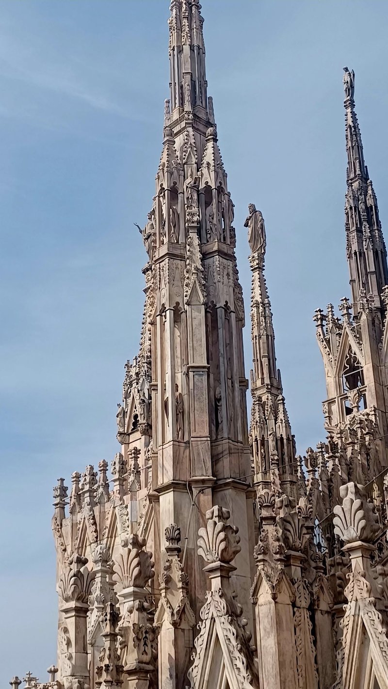 Marble spires and Gothic pinnacles on the rooftop of Milan Cathedral