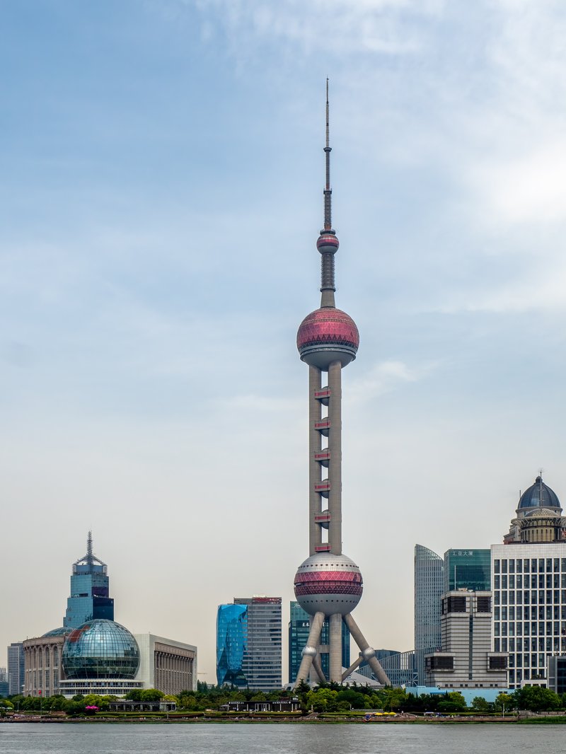 Oriental Pearl Tower's stacked spheres rising over Pudong, Shanghai