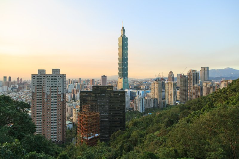 Taipei 101's bamboo-shaped skyscraper rising above the city