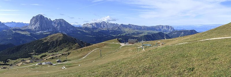 The Alpe di Siusi plateau below the Sassolungo in the Dolomites
