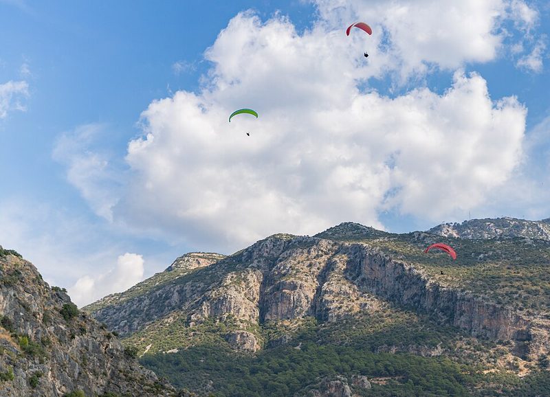 Paragliders above the Blue Lagoon at Ölüdeniz after launching from Babadağ