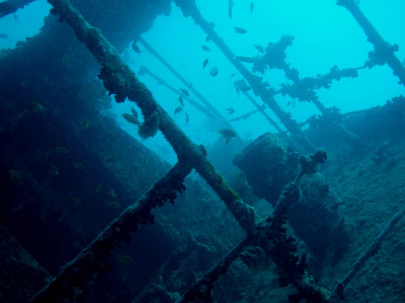 Coral-encrusted wreckage of the SS Thistlegorm on the Red Sea floor