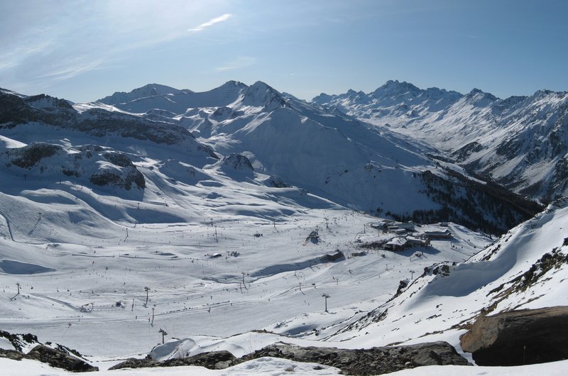 Groomed pistes and lift towers in the Silvretta Arena above Ischgl
