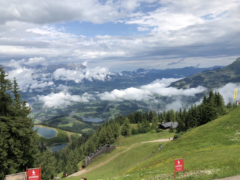 View over Kitzbühel and its lakes from the Hahnenkamm