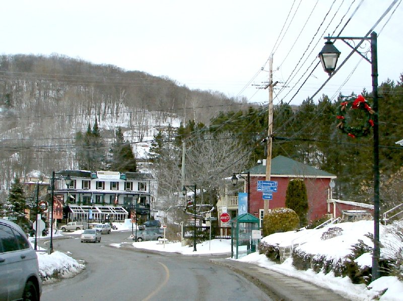 Snowy street in the pedestrian village at Mont Tremblant, Quebec