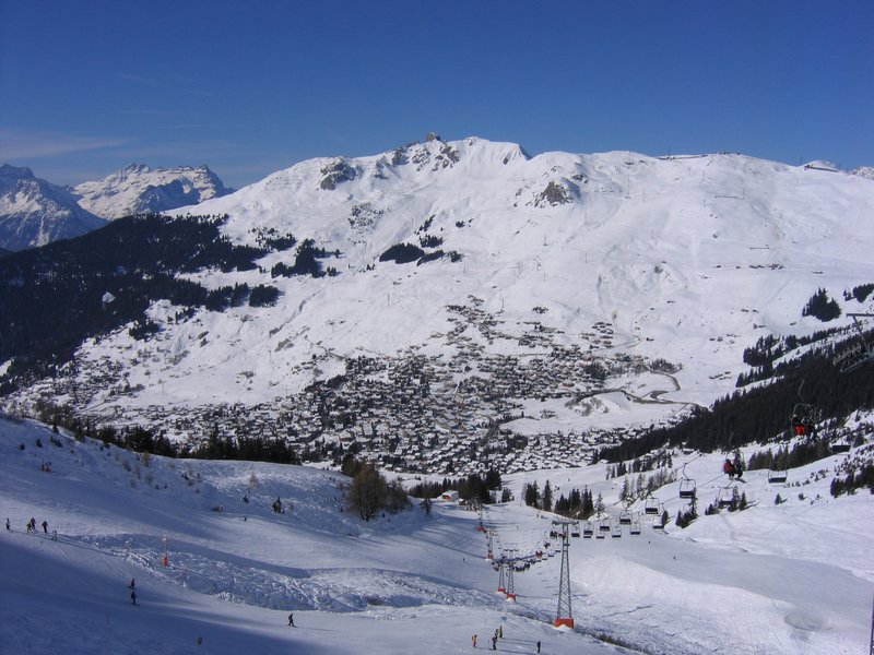 Verbier village and ski lift line in the Swiss Alps