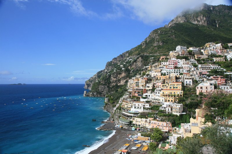 Positano's colourful buildings cascading down to the Amalfi Coast sea