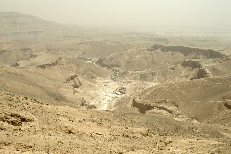Panoramic view of the Valley of the Kings at Luxor at sunset