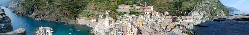 Colourful village houses of the Cinque Terre clinging to the coastal cliffs