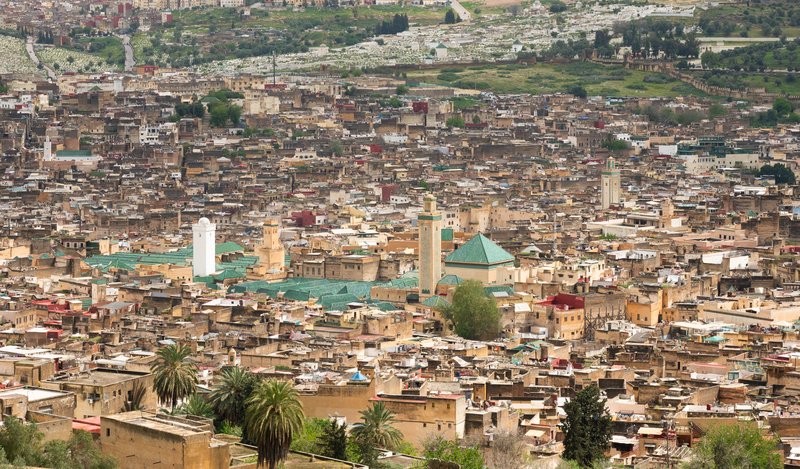 Dense rooftop mosaic of the medina of Fez seen from above