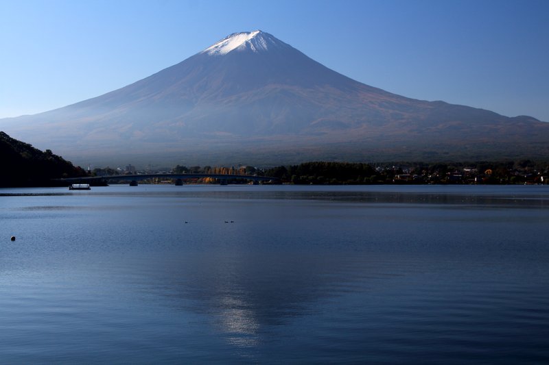 Mount Fuji reflected in Lake Kawaguchi on a clear autumn day