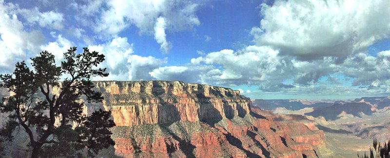 Grand Canyon South Rim panorama with layered red and orange rock walls